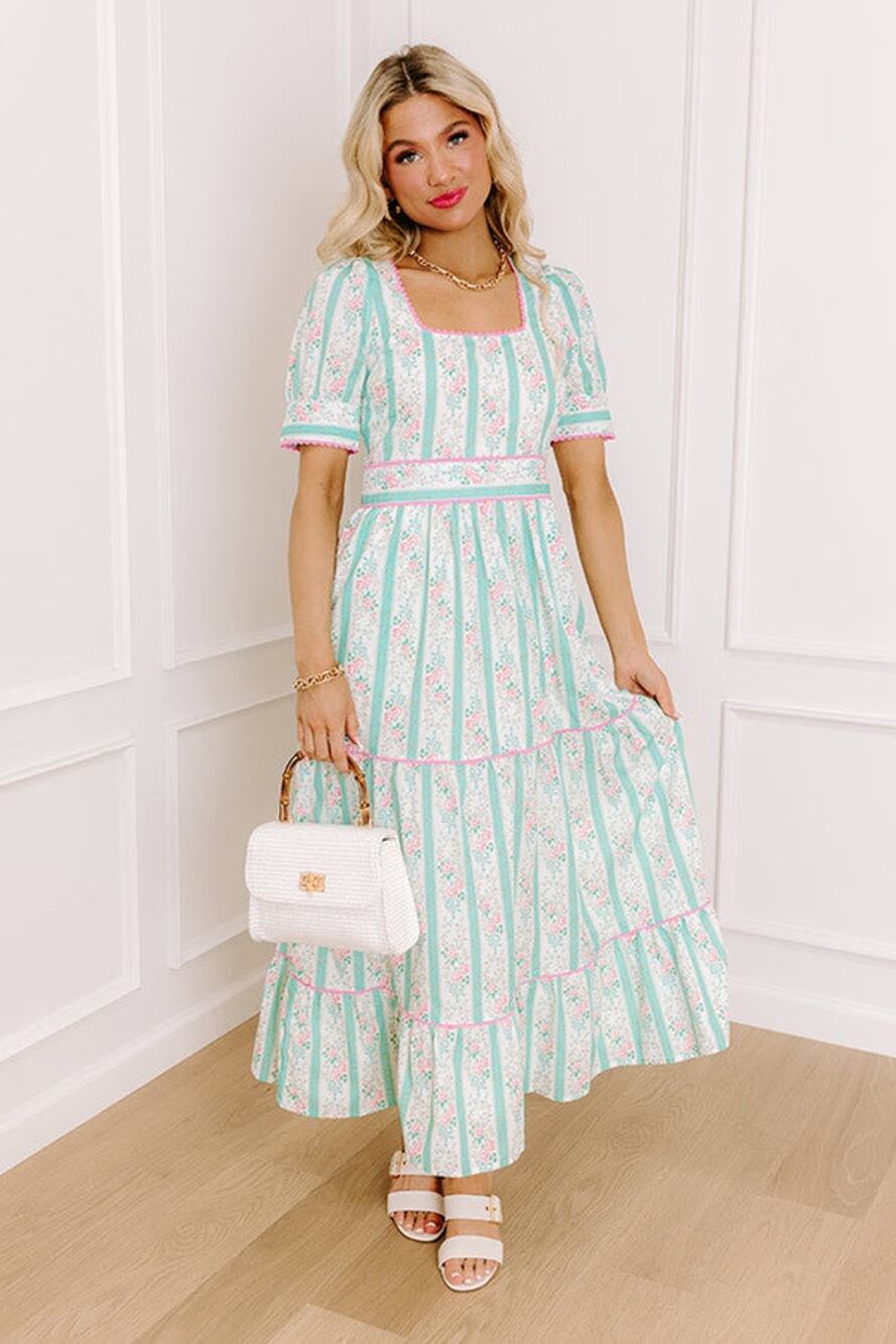 TCEC Sarah Beth Maxi Dress In Aqua Striped With Pink Carnation Print Sz s